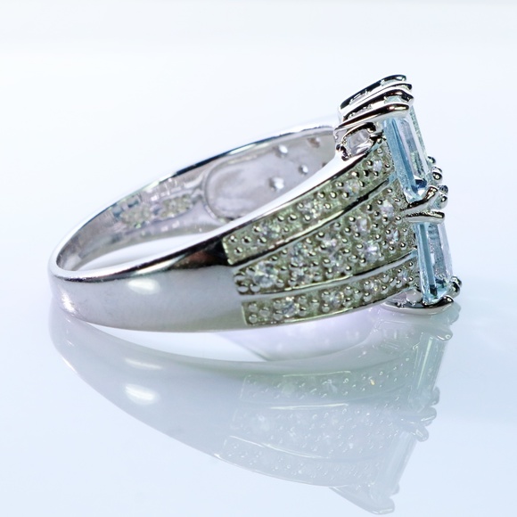 Aquamarine and White Zircon Sterling Silver Ring - Picture 2 of 5